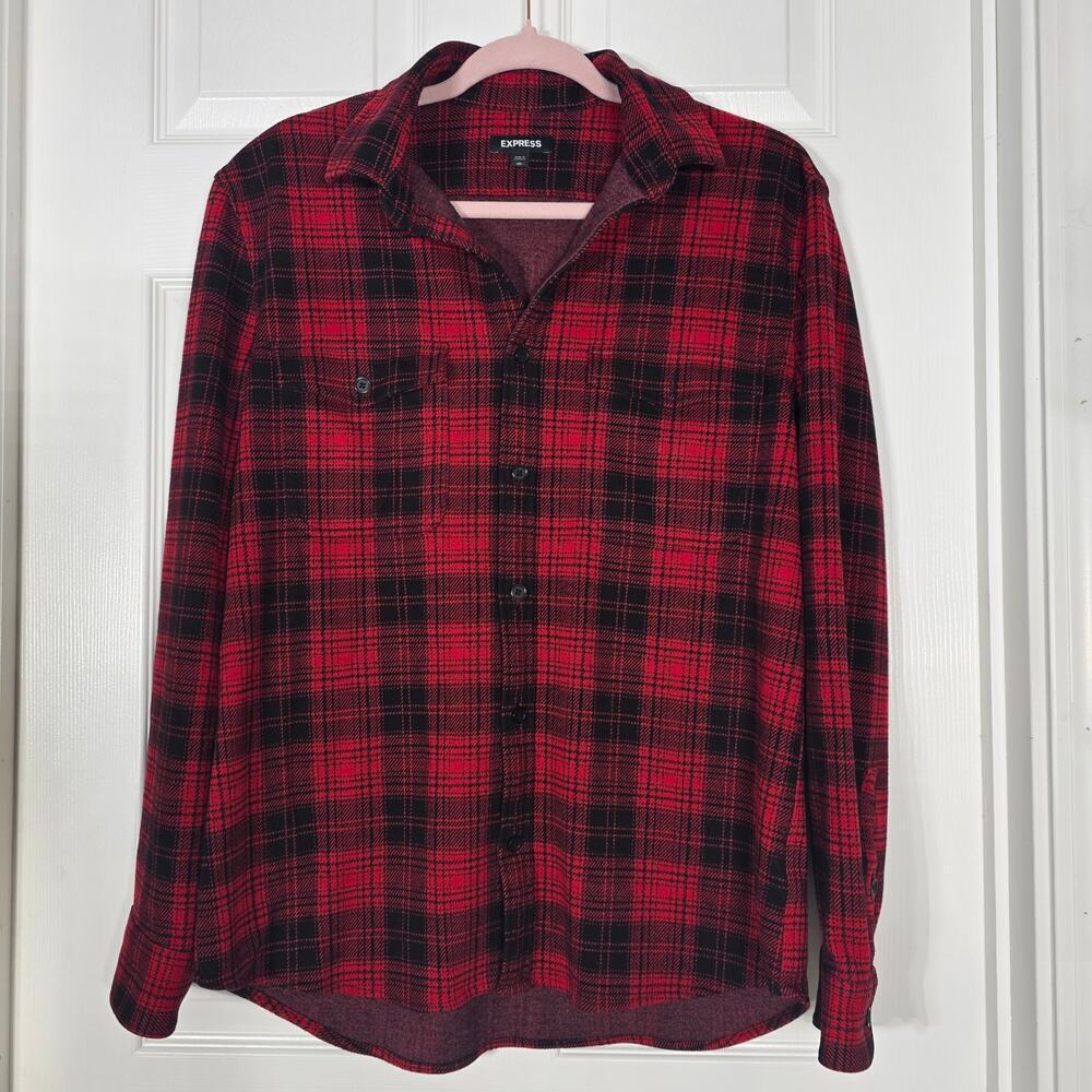Express Men's Red Plaid Double Button Pocket Sweater Flannel Medium